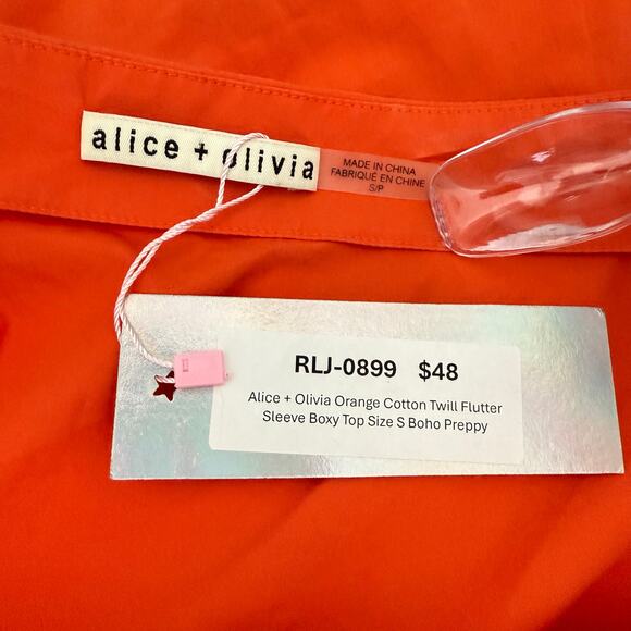 Alice + Olivia Orange Cotton Twill Flutter Sleeve Boxy Top Size S Boho Preppy - Picture 6 of 10
